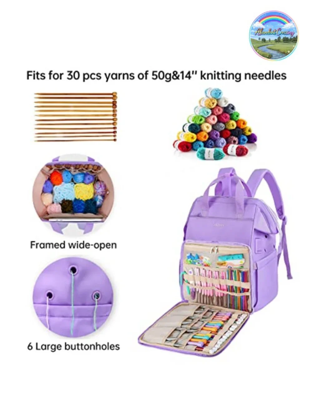 Large Knitting Bag Backpack Yarn Storage Organizer with USB Port for Travel